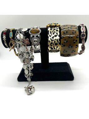 Bohemian Braceley Lot Vintage Silver Coin Faux Tiger Eye Leopard Prin Bangle